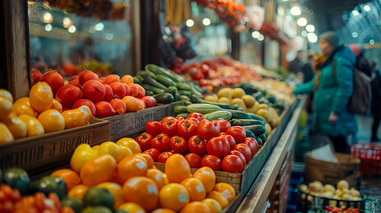 Obraz premium A vibrant and colorful display of fresh vegetables at an outdoor market stall, showcasing tomatoes, peppers, cucumbers, and more, inviting a healthy and natural lifestyle.
