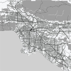 Map of Los Angeles in California in grayscale. Contains layered vector with roads water, parks, etc.
