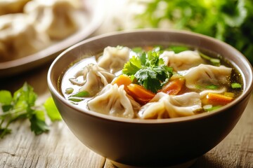pork wonton soup or pork dumplings soup with vegetable, isolated on white background