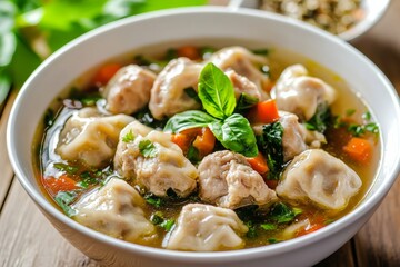 pork wonton soup or pork dumplings soup with vegetable, Isolated on White Background