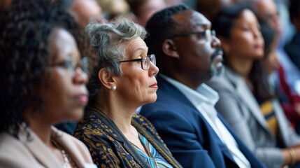 Obraz premium Focused business professionals attending a seminar with diverse audience