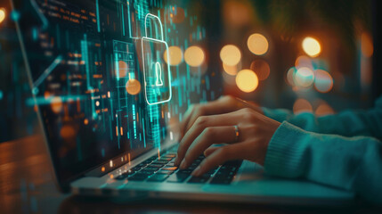 Fototapeta premium Cyber security concept: Hands working on laptop with digital lock hologram