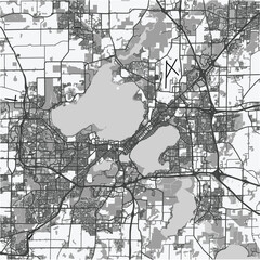Map of Madison in Wisconsin in grayscale. Contains layered vector with roads water, parks, etc.