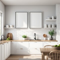 interior Artificial white frame in farmhouse kitchen, 3d rendered white frame mockup