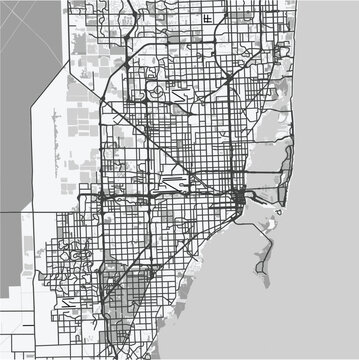 Map of Miami in Florida in grayscale. Contains layered vector with roads water, parks, etc.
