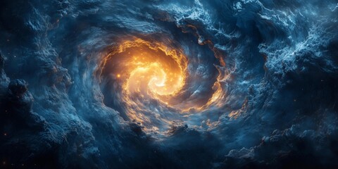 Midnight Blue Vortex Spiral in Torn Paper with Glowing Highlights, generative ai