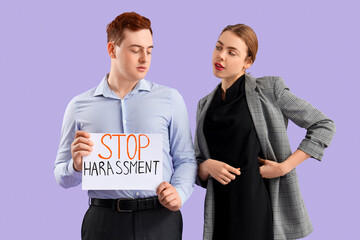 Business man holding paper with text STOP HARASSMENT and his female colleague on lilac background