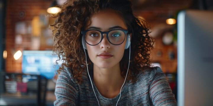 Ecommerce startup tech support, joyful woman, night call center agent or consultant global debate. Friendly bicultural person or business telecom worker online chat