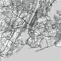 Map of New York in New York in grayscale. Contains layered vector with roads water, parks, etc.