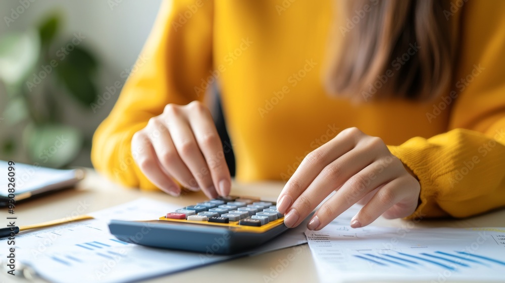 Poster a woman is using a calculator to add up numbers on a piece of paper