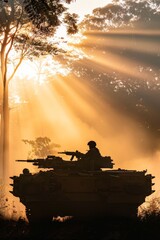 In war and politics, explosion, tank, and soldier silhouette on battlefield. Combat, warzone, and army warrior outdoor orange light, fire, and smoke