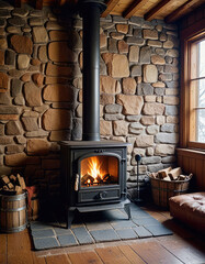 Burning fire in the stove on the background of the stone wall of the village cottage