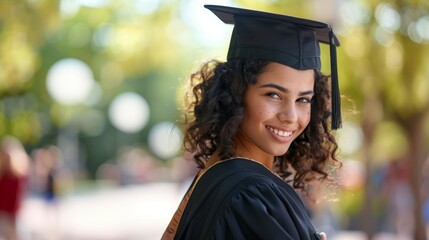 Portrait, smile, and graduation of Brazilian woman at university or college mockup. Happy, proud, or confident female graduate face, education scholarship, or academic achievement