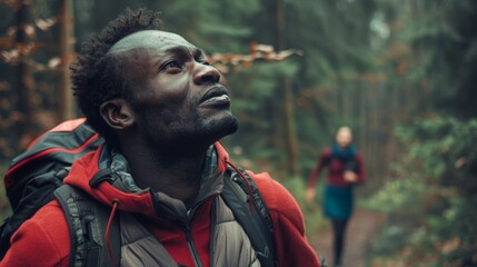 Hiking young black dude with surprised expression in woodland with rucksack. Unexpected, joyful, and active African backpacker on jungle freedom experience in July in treetops.