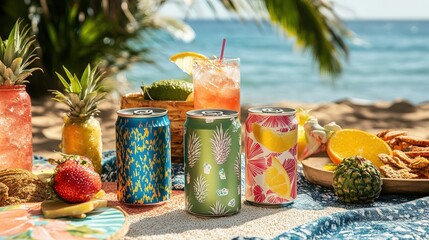 Stylish Beach Picnic with Canned Cocktails and Plant-Based Snacks - Trendy RTD Beverages in Outdoor Setting