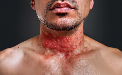 Naklejka premium Monkeypox Virus on the skin, Microscopic View of the Monkeypox Virus. Close-Up Image of the Monkeypox Virus Structure, Skin Manifestation of Monkeypox, Dermatological viruses 