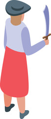 Woman is holding a sword, wearing a pirate costume, in this isometric icon