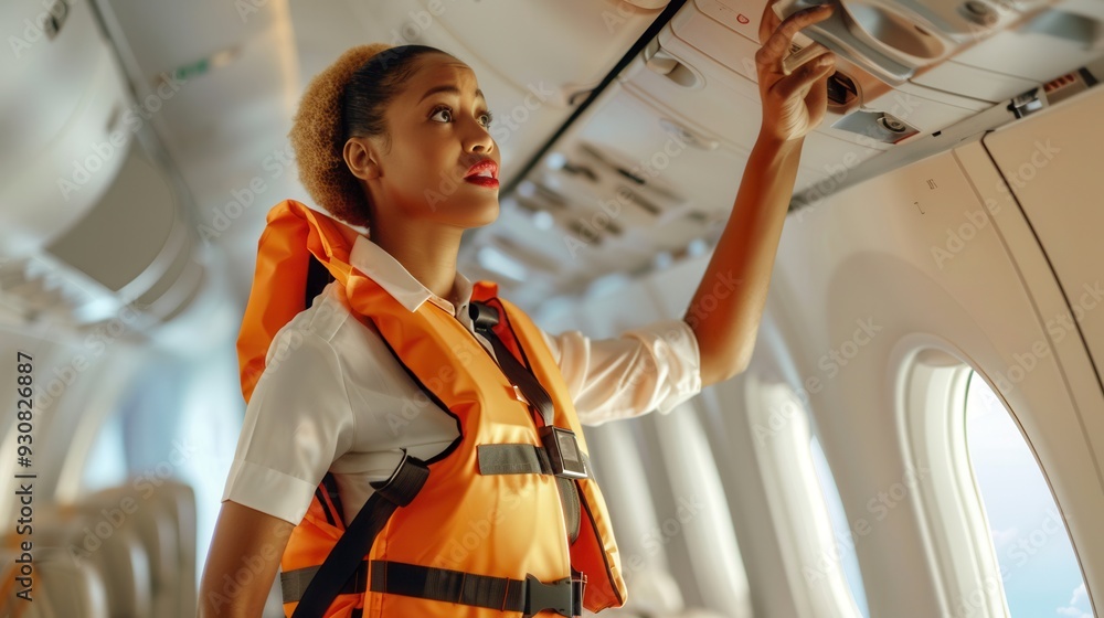 Poster a flight attendant wearing an orange life vest explains safety protocols to passengers before depart