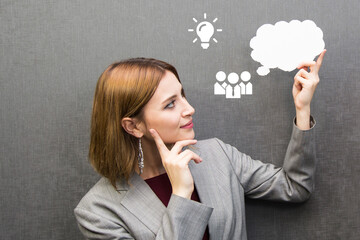 businesswoman holding speech bubble. business people icon and creativity idea