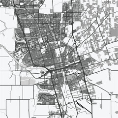 Obraz premium Map of Stockton in California in grayscale. Contains layered vector with roads water, parks, etc.