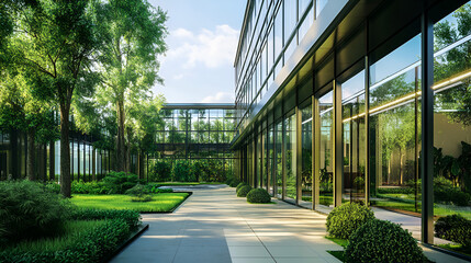 Modern office with green environment Building that reduces carbon dioxide. Sustainable green building in a modern city. Corporate building with green environments. Generative Ai