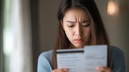 A woman is looking at a receipt and appears to be upset