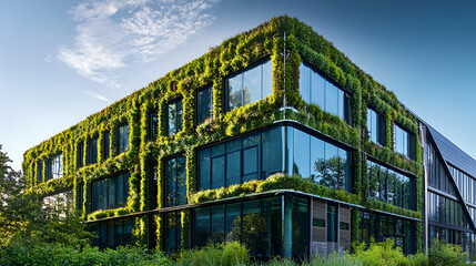 Obraz premium Modern office with green environment Building that reduces carbon dioxide. Sustainable green building in a modern city. Corporate building with green environments. Generative Ai