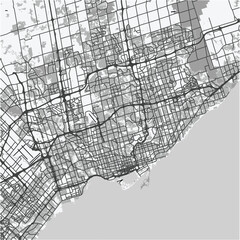 Map of Toronto in Canada in grayscale. Contains layered vector with roads water, parks, etc.