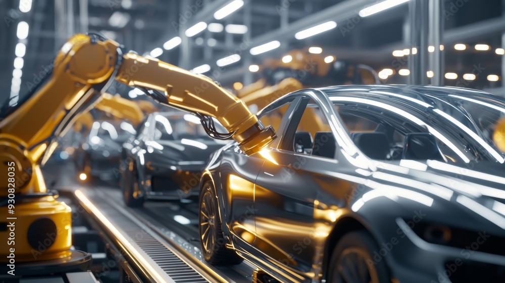 Poster a robot is working on a car in a factory