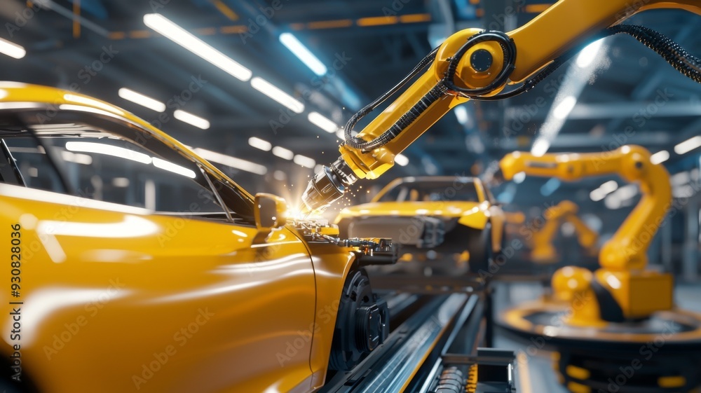 Poster a yellow car is being worked on by robots in a factory