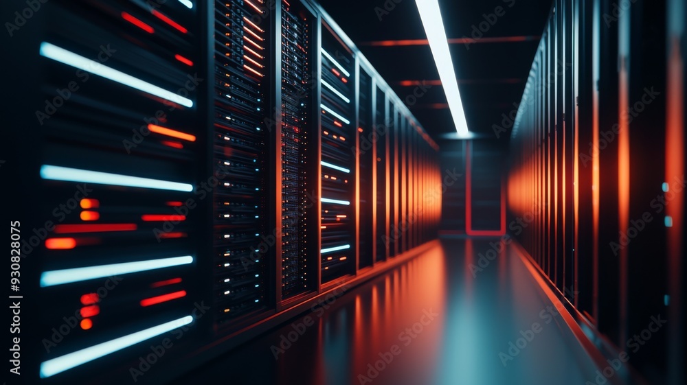 Poster a computer server room with a red and blue light effect