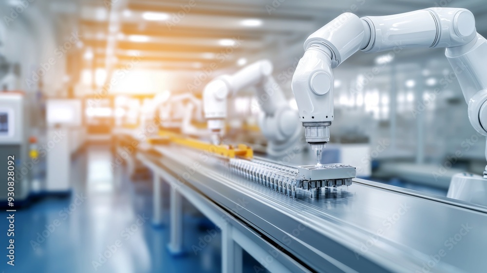 Poster a robot is working on a conveyor belt in a factory