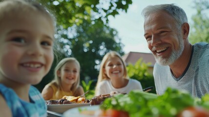 A family is sitting down to eat together, with a man smiling