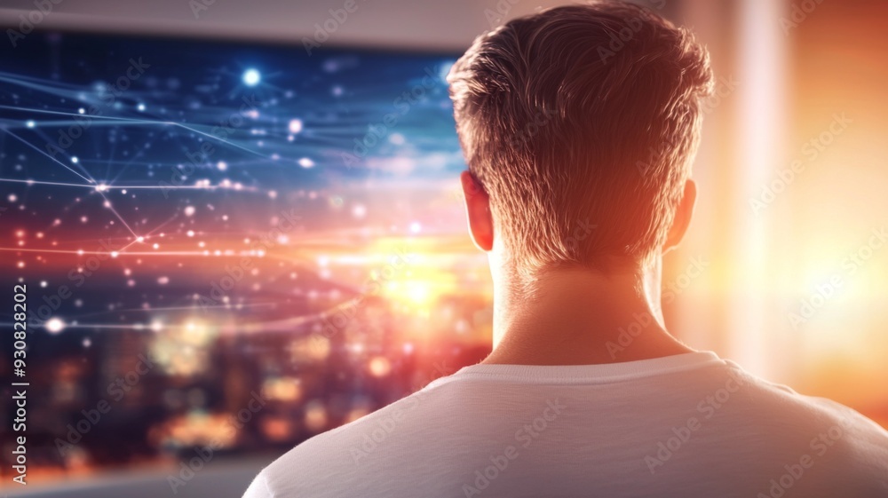 Poster a man is looking at a computer screen with a city view in the background