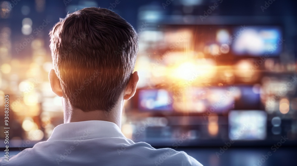 Poster a man is looking at a computer screen with a city view in the background