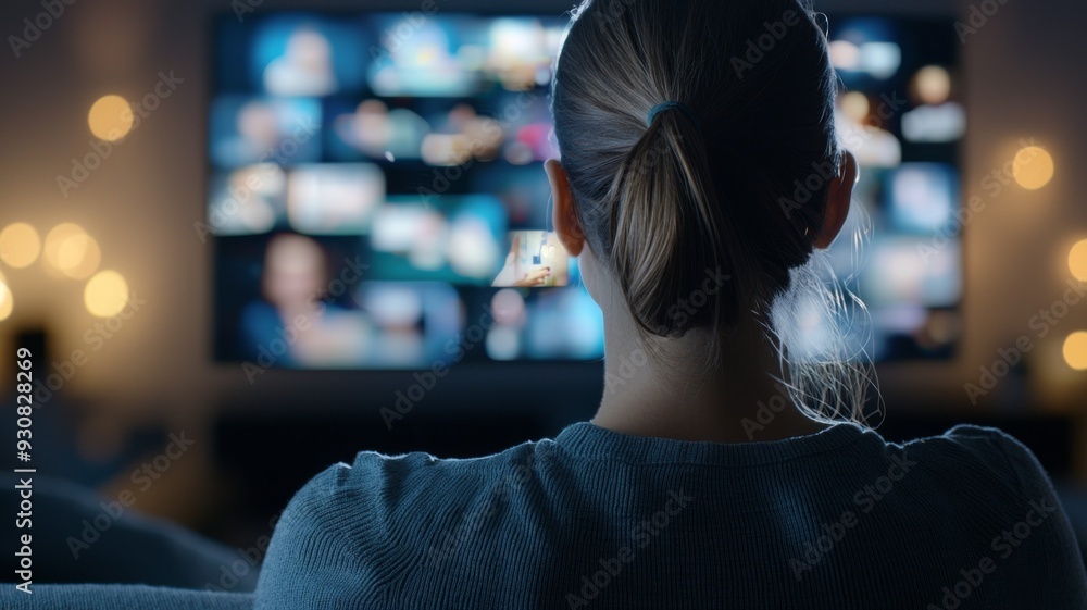 Poster a woman is sitting on a couch in front of a television that is displaying a vari