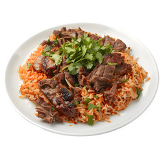 Fototapeta premium Tasty classic saudi arabian meal with juicy lamb chunks on a bed of flavorful rice, topped with fresh herbs on a clean white plate