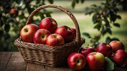 Red apples in a handled woven wicker basket with apple orchard trees and green grass background
