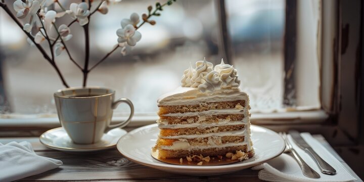 Walnut dacquoise cake or Kiev cake with layers of meringue and vanilla buttercream served with coffee by the window