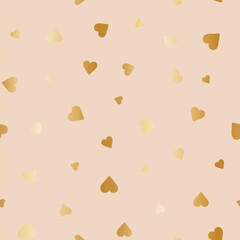 Seamless vector pattern tossed gold heart shapes on beige, great for wrapping paper, packaging, fabric