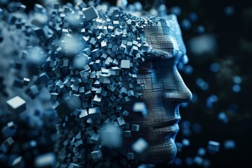 Face, abstract, futuristic, cubes, robotics, connection, network. Minimalist design, human head or AI to develop or creative