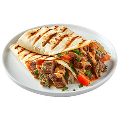 Tasty saudi arabian shawarma wrap filled with grilled meat, fresh vegetables, and drizzled with sauce, served on a white plate