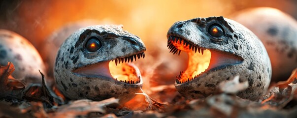 Obraz premium Spooky dinosaur eggs hatching, eerie atmosphere, 3D illustration