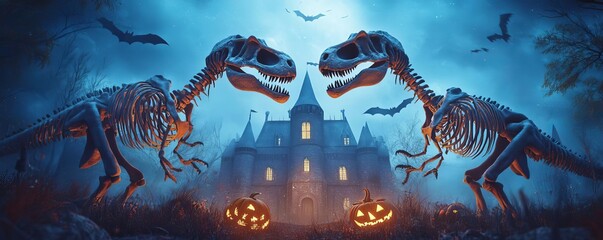 Skeleton dinosaurs guarding a haunted castle, Halloween theme, 3D illustration