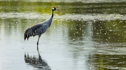 Crane bird stands in shallow water with reflections and dappled light.