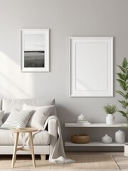 Scandinavian farmhouse room interior, plain white frame mockup, 3d rendering