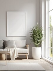 Scandinavian farmhouse room interior, plain white frame mockup, 3d rendering