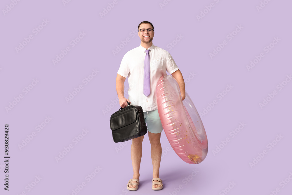 Poster happy office worker with briefcase and inflatable ring on lilac background