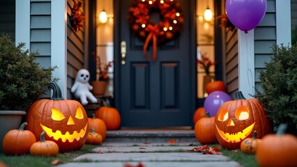 Obraz premium Close-up Halloween setting house entrance with jack-o-lanterns, wreaths, orange and black, purple balloons and ghost doll decorations.