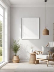 Scandinavian farmhouse room interior, plain white frame mockup, 3d rendering
